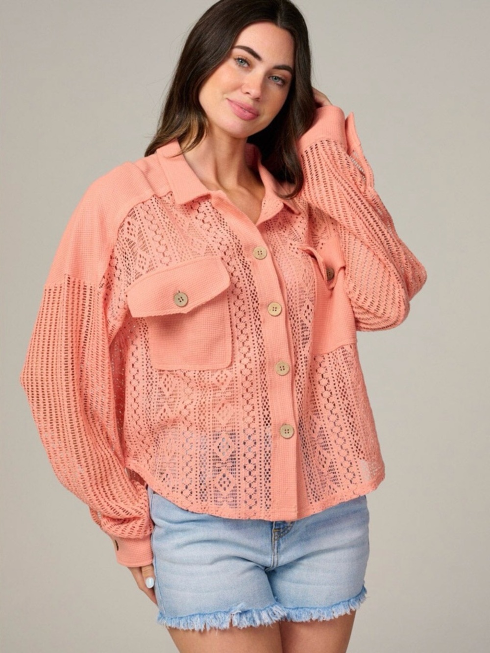Crochet Button-Front Blouse Shirt in Coral Pink